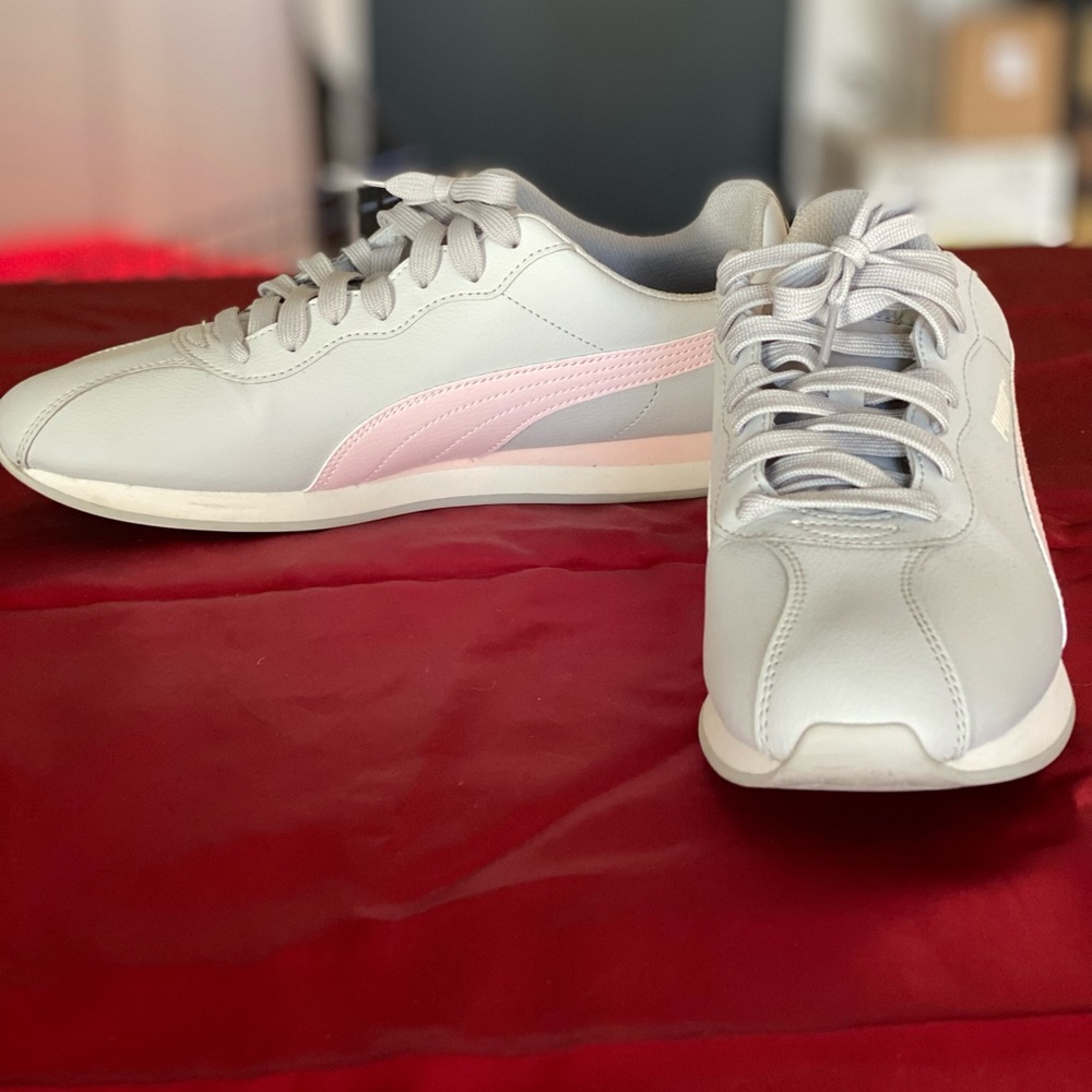 Gray and pink puma sneakers